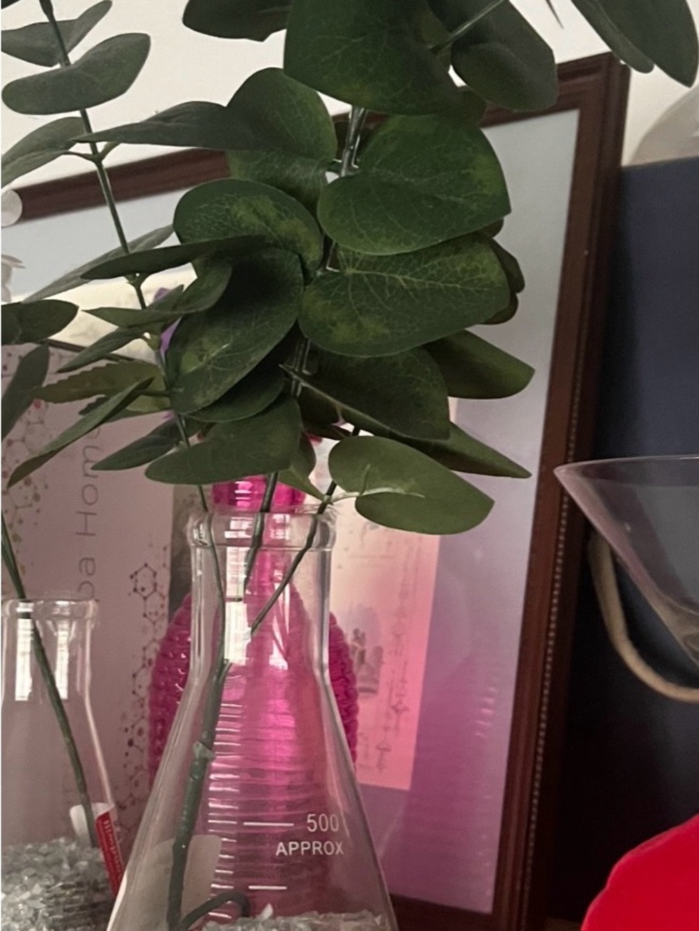 Pink Glass Decorative Vase with Faux Greenery - Home Accents